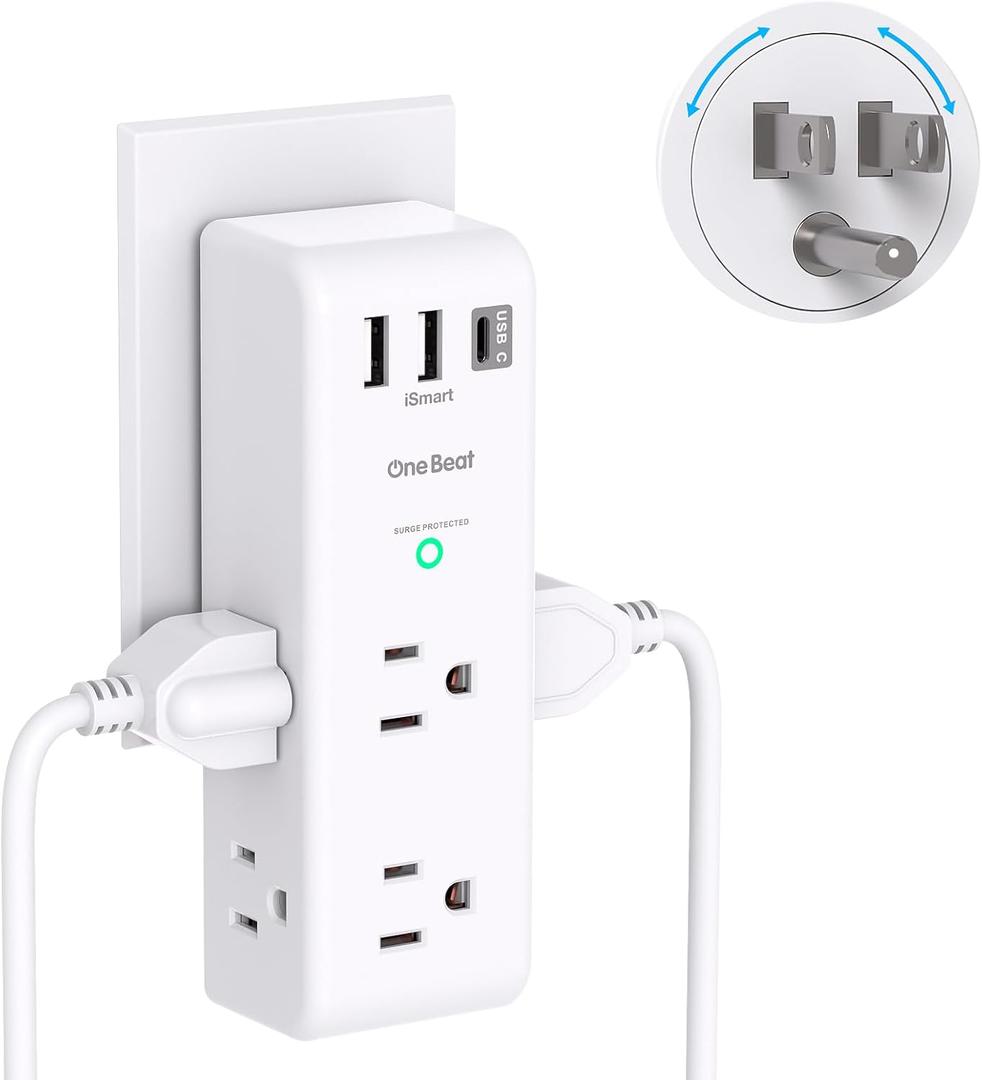Surge Protector Outlet Extender with Rotating Plug - One Beat 6 AC Multi Plug Outlet with 3 USB Ports (1 USB C), 1800J Wall Charger, 3-Sided Power Strip Spaced Outlet Splitter for Home Office Travel (1C2A, 1 Pack, White)
