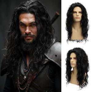 Sallcks Mens Long Curly Black Wig Middle Part Synthetic Cosplay Costume Halloween Wig for Male Guys, Black