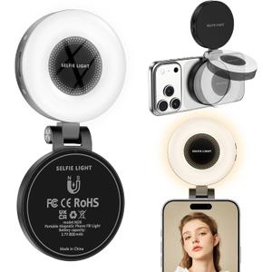 CloudValley Magnetic Selfie Light with Mirror, 3-in-1 Portable LED Ring Light for iPhone & Android, Rechargeable Foldable Holder, Adjustable Brightness & Color, Perfect for Video, Photo & Makeup
