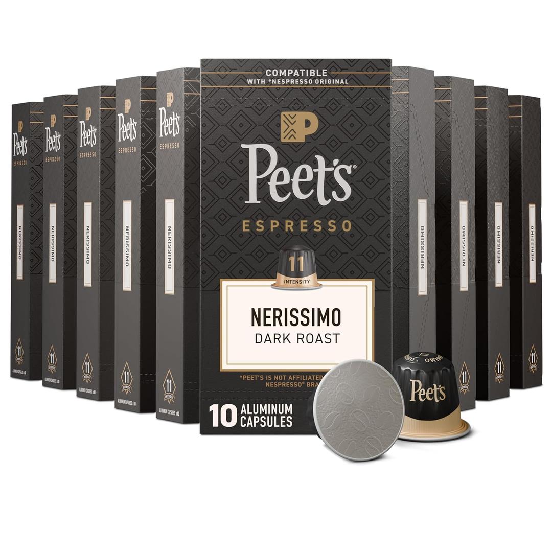 Peet's Coffee, Dark Roast Espresso Capsules, Compatible with Nespresso Original Machine, 100% Arabica Coffee - Nerissimo Intensity 11, 100 Count (10 Boxes of 10 Espresso Capsules) (EXP 05/04/27)