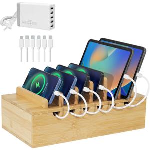 LEOKKARR Bamboo Charging Station for Multiple Devices (Includes 5 Port USB Charger, 6 x Charge Cables), Upgrade Desk Docking Stations Organizer for iPhone Devices, Tablets, Laptop Holder Stand