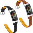 FitTurn [2 pack Compatible with Fitbit Charge 6/Charge 5 Bands Leather Narrow Luxury Genuine Leather Replacement Sport Wrist Strap Bracelet Men Women Band Accessories (Black+Brown)