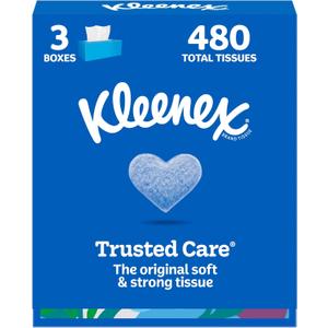 Kleenex Trusted Care Facial Tissues, 3 Flat Boxes, 160 Tissues per Box, 2-Ply (480 Total), Packaging May Vary (White)