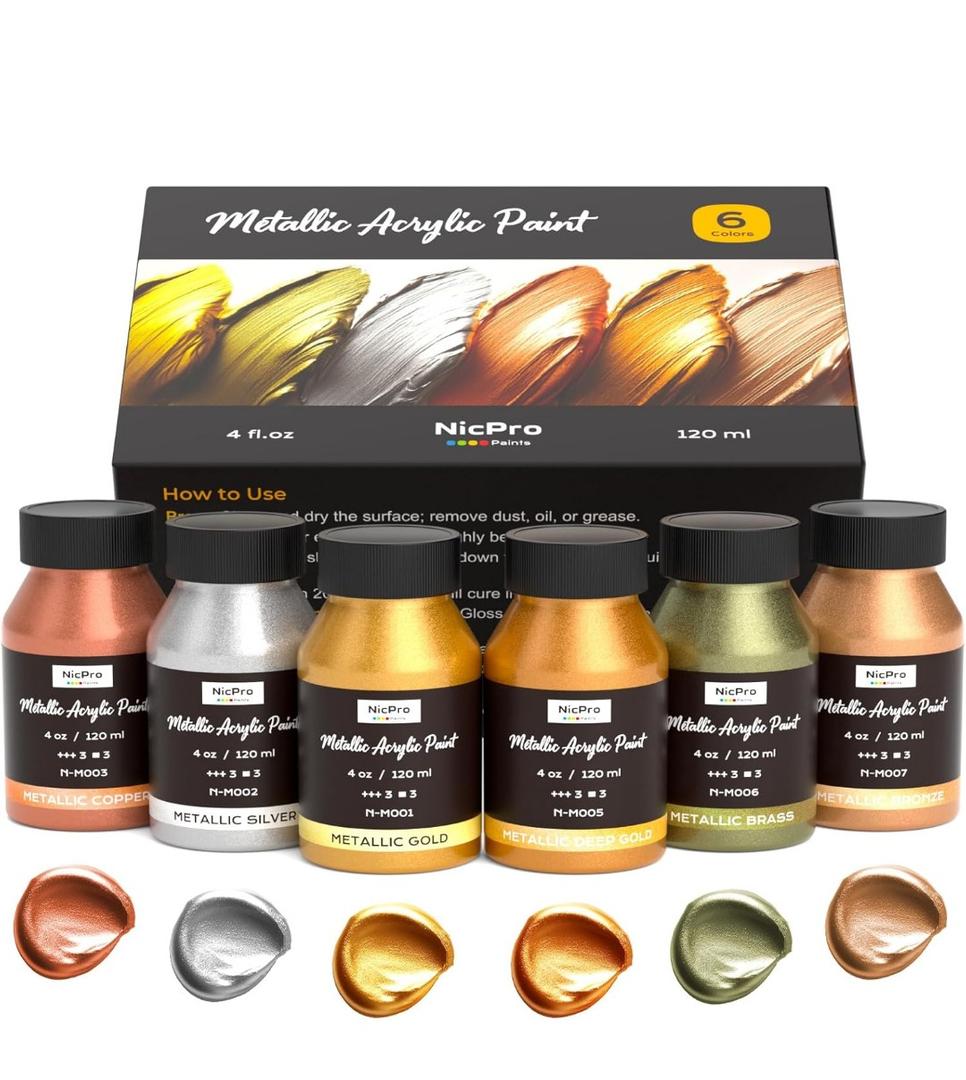 Nicpro Acrylic Paint Metallic, 6 Colors Gold, Silver, Copper, Brass, Bronze, DeepGold