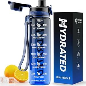 Mevoly Water Bottles, 32 oz Water Bottle with Time Marker, Tritan, BPA Free, Sports Motivational Water Bottle with Times to Drink, Leak Proof, Carry Strap, Wide Mouth for Men Gym Fitness