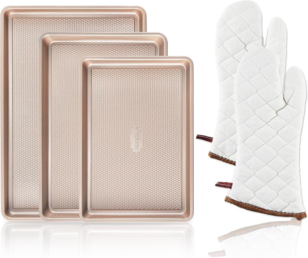 HONGBAKE 3 Pack Gold Nonstick Baking Sheet Pan Set with Oven Mitts Heat Resistant, Non-Toxic Half/Quarter/Jelly Roll Pans with Diamond Texture Pattern, Heavy Duty 0.8mm Thick Cookie Trays for Cooking (Champagne Gold (Carbon Steel) + Mitts)