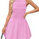 ZESICA Womens Summer Sleeveless Bubble Mini Dress 2025 Boat Neck Ruched A Line Short Cocktail Party Dresses (Medium, Pink)