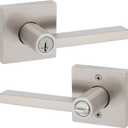 Kwikset Halifax Entry Door Handle with Lock and Key, Secure Keyed Reversible Lever Exterior, For Front Entrance and Bedrooms, Satin Nickel, Pick Resistant Smartkey Rekey Security and Microban