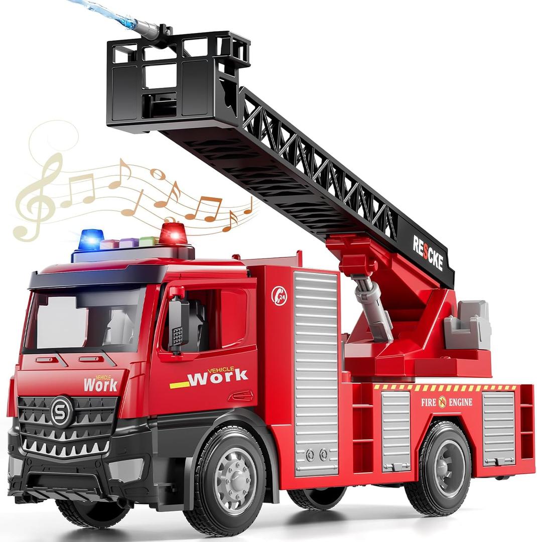 Toddlers Toys for Ages 3-5, Fire Truck with Ladder Toys for Toddlers Boys Girls, Lights & Realistic Sounds, Fire Trucks with Water Spray for Boys 5-7 4-8 Years Gift