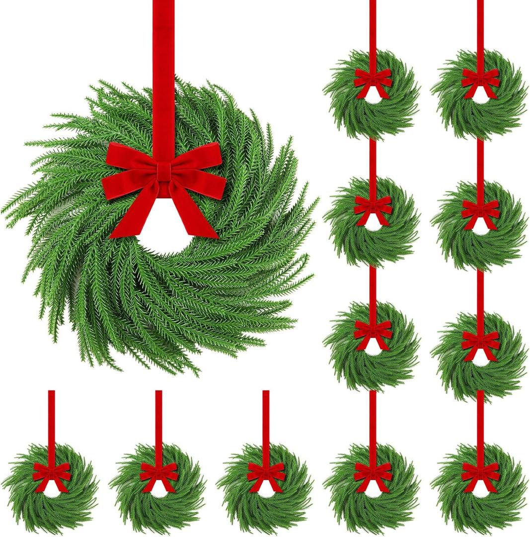 Hotop 12 Set Mini Christmas Wreath for Cabinet Kitchen Windows Decors Bulk with Red Bow Small Artificial Norfolk Farmhouse Wreaths with Berry Pine Cone for Fireplace Front Door Porch Wall Hanging