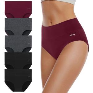 coskefy Women's High Waisted Cotton Underwear Soft Breathable Panties Stretch Briefs Ladies Panties 5 Pack (Large, 2black+2grey+1wine Red)