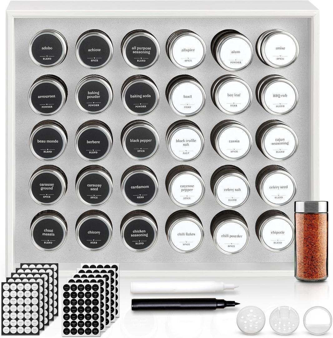 BOURBON & BARREL Wooden Spice Rack Organizer with Glass Jars | Stainless Steel Lids | Bamboo Countertop Spice Organization | 350 Waterproof Spice Labels | 2 Chalk Markers | 30 4oz Jars [White]