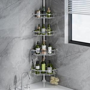LAMU Corner Shower Caddy Tension Pole, Stainless Steel Shower Organizer, Strong Spring, 4 Adhesive Pads, 2.4" Non-Slip Grid Base, Adjustable 4-Tier Basket, 4 Hooks, Fits Heights 37.8-124", Silver. (1a-silver)