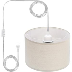PATIKIL Plug in Pendant Light, 15Ft Rope Cord Hanging Lamp Fixture with ON/Off Switch, Linen Fabric Shade E26/E27 Bulb Socket for Bedroom Kitchen Living Room, Light Linen
