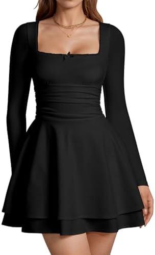 XXTAXN Women‘s Sexy Lace Sweetheart Neck Long Sleeve Corest Ruched Waist Flowy Mini Dress, XL