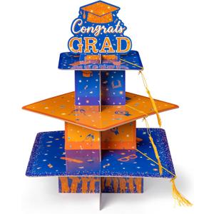 Haooryx Graduation Cupcake Stand Decoration - 3-Tier Orange Blue Graduate Cap Cupcake Tower with Tassel Cardboard Dessert Holder Kindergarten Primary High School College Graduation Party Table Decor