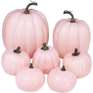 Winlyn 7 Pcs Assorted Sizes Fall Artificial Peach Pink Pumpkins Harvest Faux Foam Light Pink Pumpkins for Fall Autumn Season Halloween Thanksgiving Harvest Festive Tabletop Decoration