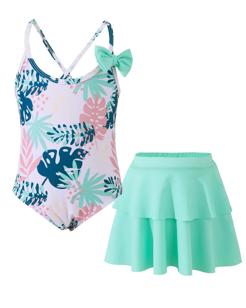 2 x Toddler Girls One Piece Swimsuits Little Girl Bathing Suit for Kids Crisscross Girls' Swimwear Floral Cute Hawaii Swimsuit 3-4T with Ruffle Skirt Light Cyan