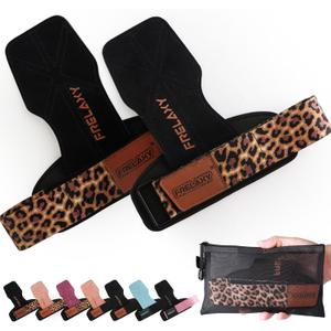 Frelaxy Lifting Wrist Straps Women and Men, Weight Lifting Grips with Cushion Wrist Loop, Double Layer Leather and Storage Pouch, Gym Workout Straps for Deadlift and Powerlifting (Black/Leopard)