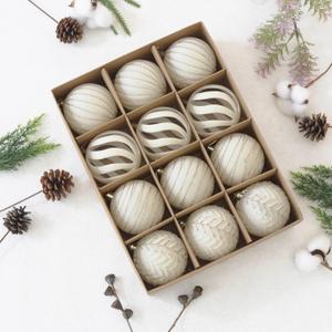 3.15INCH Beige Velvet Ornaments for Christmas Tree, 12PCS Glitter Flocked Christmas Ornaments Decorations Balls Set Decor