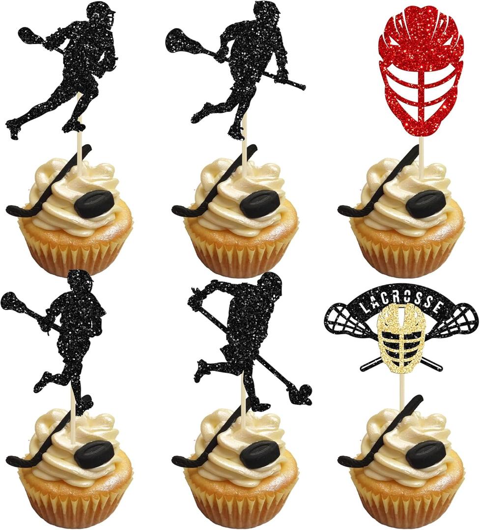 2 x Gyufise 24Pcs Lacrosse Cupcake Toppers Glitter Lacrosse Party Decorations for boys Lacrosse Player Cupcake Picks for Lacrosse Sport Baby Shower Birthday Party Cake Decorations Multi