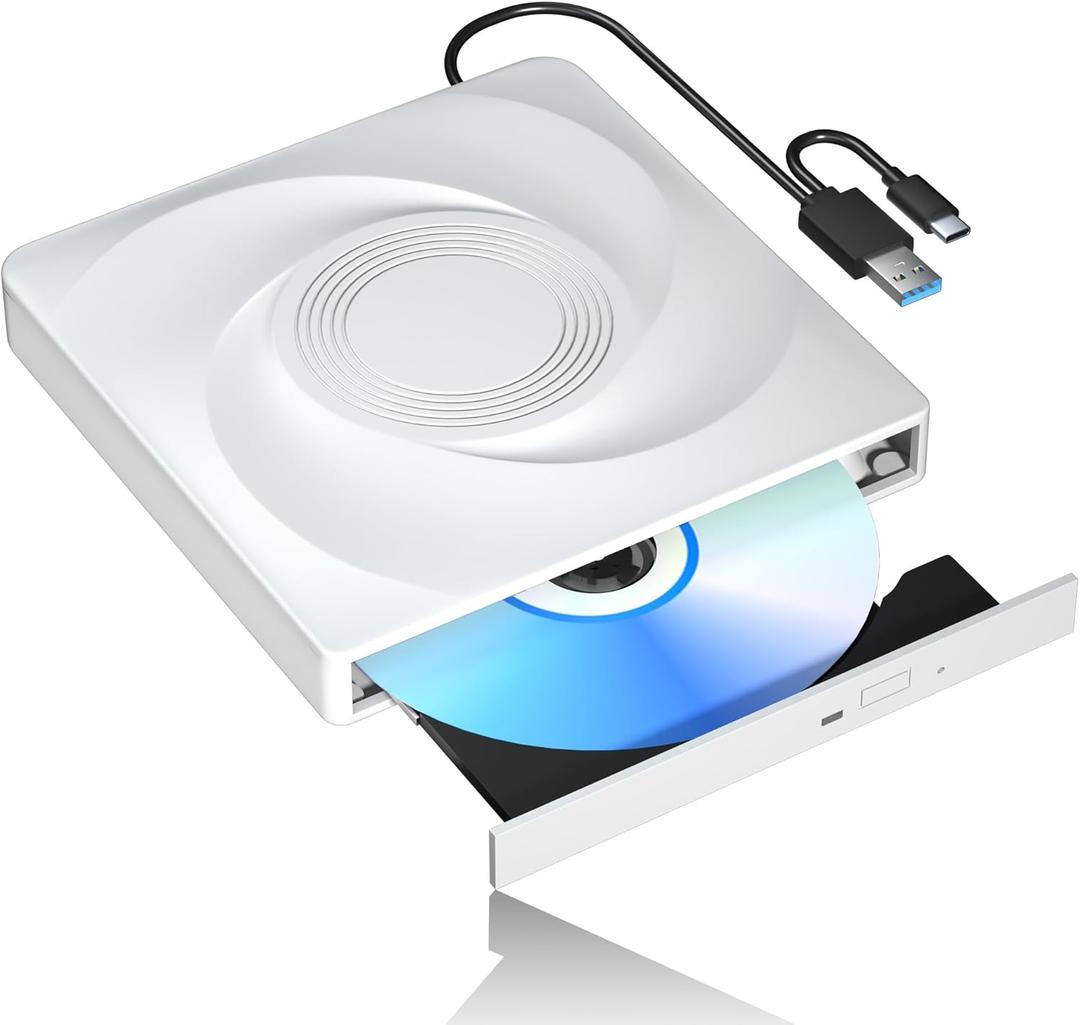 External CD/DVD Drive for Laptop CD Burner External DVD Drive, CD ROM DVD Player Portable CD Reader for Laptop PC, Compatible with Windows Linux Mac OS (White)