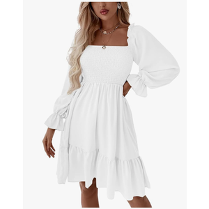 LYANER Women's Square Neck Lantern Long Sleeve Ruffle Shirred Flowy Party Mini Dress, Size L