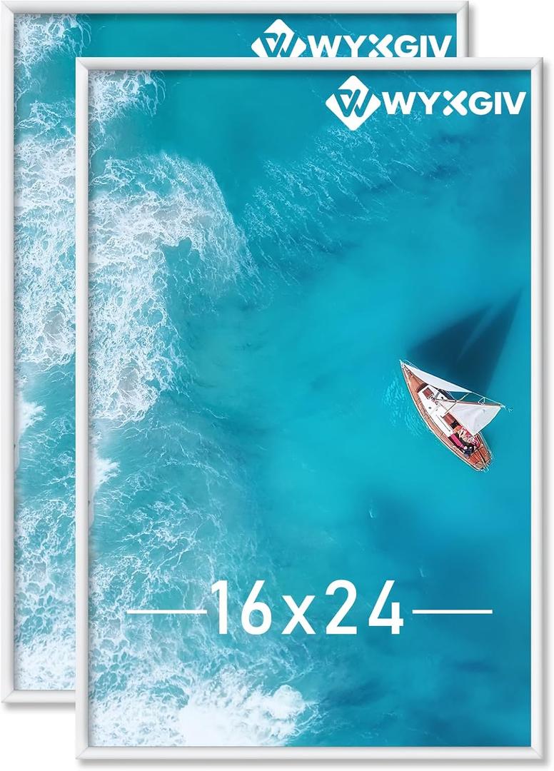 16x24 Picture Frame Set of 2, Scratch-Proof White Frame Lightweight yet Sturdy Display Poster Artwork 16 x 24 Horizontally/Vertically - Slide-In Strips|2 Packs|White|16"x24"