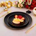 I00000 150Pcs Black Plastic Plates, Black Disposable Plates, Heavy Duty black plates for 30 Guests,Plastic Dinnerware Set Include 30 Dinner Plate,30 Dessert Plate,90 Gold Cutlery Set for Party