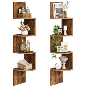 HOOBRO Corner Shelf Wall-Mounted, Set of 2 Floating Corner Shelves for Wall, 4-Tier Corner Bookshelves for Living Room, Bedroom, Bathroom, Home Office, Rustic Brown BF25BJP201 (41.3 Inches)