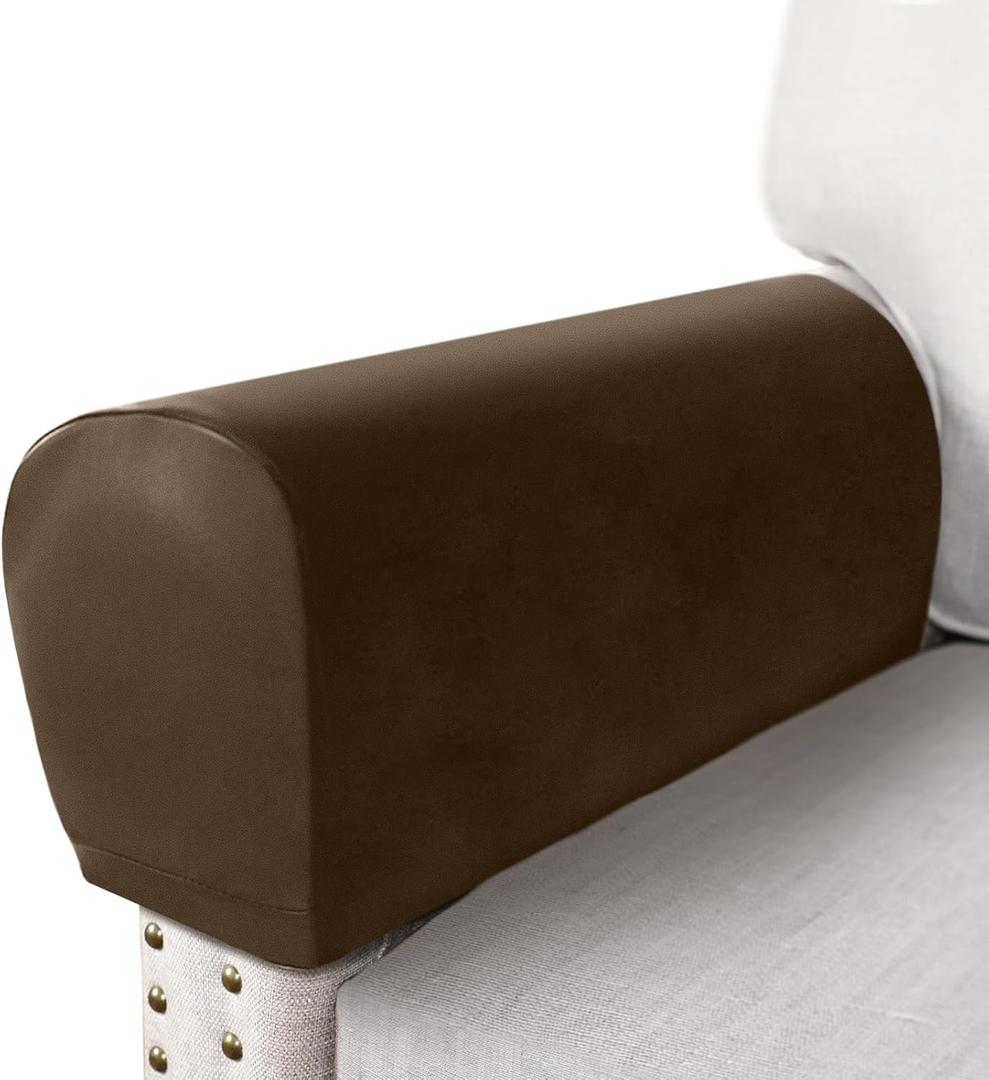 PU Leather Armrest Covers for Sofa Couch Arm Slipcover Set of 2 Stretch Armchair Cover Washable Anti Slip Furniture Protector for Sofas Chairs Recliner Waterproof Spandex Fabric (Large, Brown)