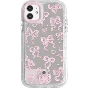 3 x NITITOP Compatible with iPhone 11 Case Cute Mirror Bow Love Heart Pattern for Women Girls Ribbon Design Shockproof Silver Protective Phone Cover - Light Pink Bow