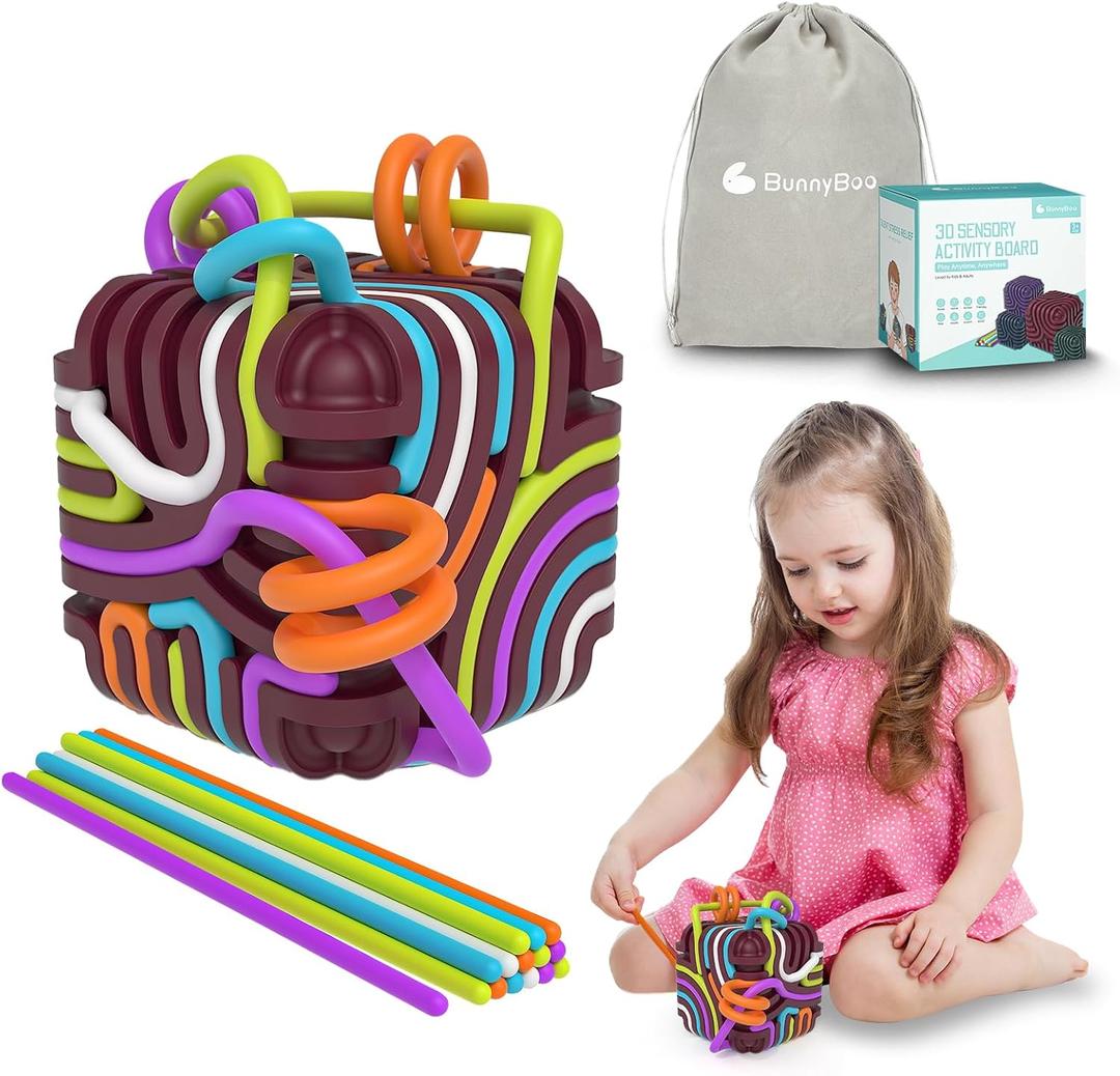 BunnyBoo Sensory Activity Board, 3D Silicone Toys for Kids with Autism & ADHD,Sensory Fidget Toys for Anxiety Relief, Calming & Focusing, BPA-Free, 15 Colorful Strings, Storage Bag(Red)