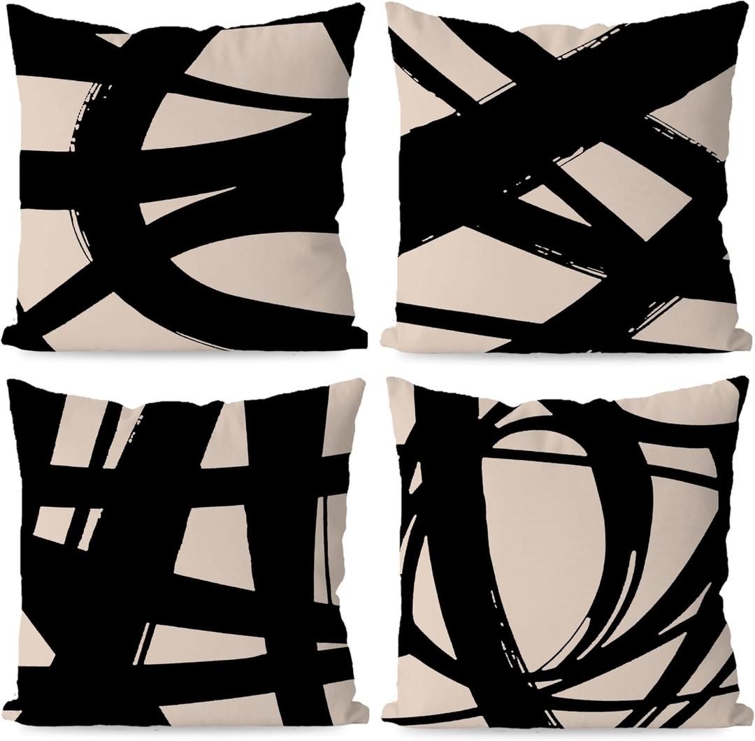 KEUSPI Black and Beige Pillow Cover 18x18 Decor Modern Abstract Neutral Art, Abstarct Art Throw Pillow Case Set of 4,Home Living Room Black Decor Women Gifts(Beige)