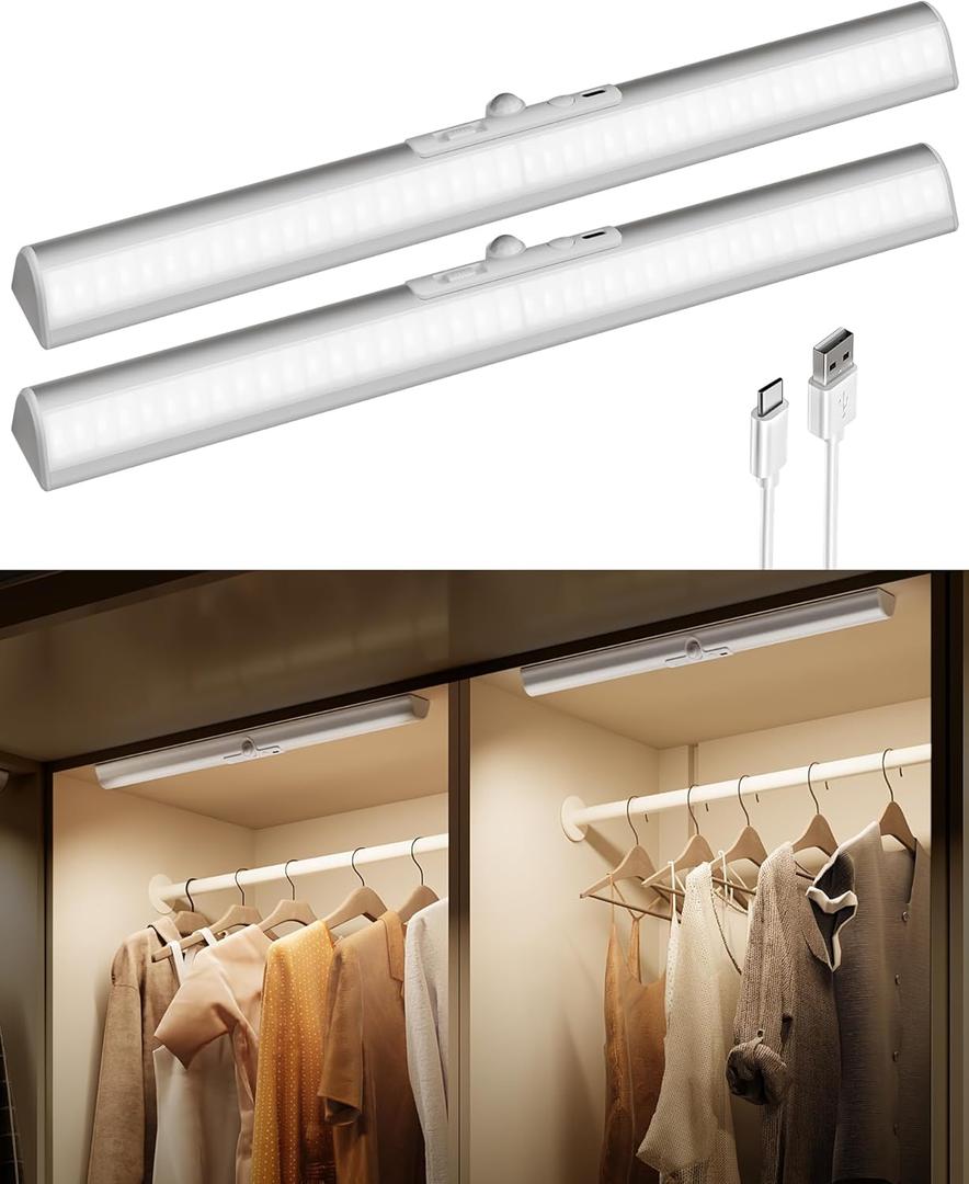 EZVALO 17-Inch Motion Sensor Closet Lights, 3600mAh Rechargeable Battery LED Cabinet Lights, 150 Lumens No-Glare Curved, 3 Color Temps & Dimmable Pantry Lights for Wardrobe, Shelves - 2 Pack