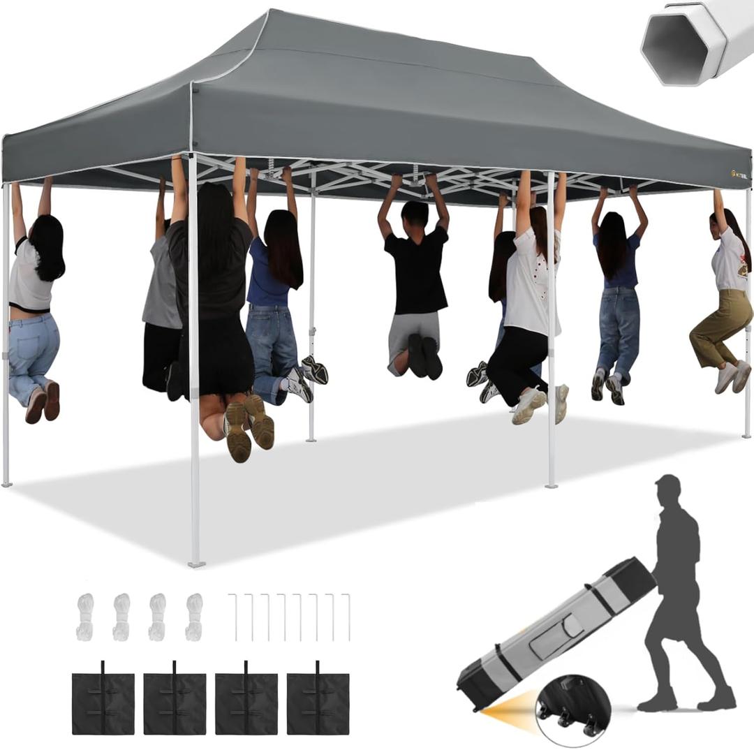 HOTEEL 10x20 Heavy Duty Pop Up Canopy Tent Outdoor Canopy Tents for Parties, Commercial Instant Waterproof Wedding Event Tent with Roller Bag, UV 50+Portable Shelter, Thick Hexagonal Legs, Grey (Gray)