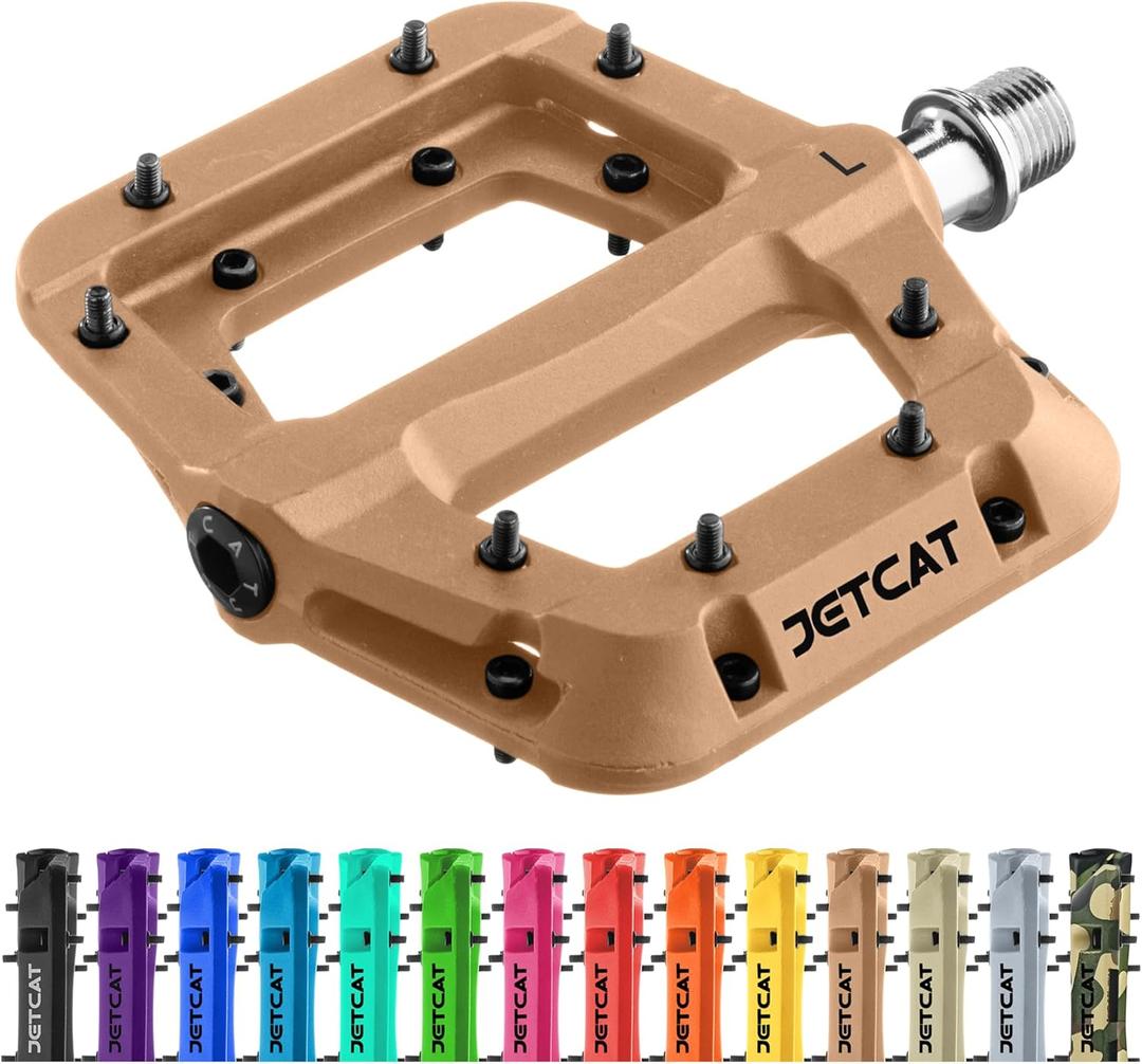 JETCAT Mountain Bike Pedals Flat - MTB Pedals Flat, Bicycle Pedals for BMX/MTN/Road/Gravel/EBike, BMX Pedals, Platform Pedals, Adults & Kids Bike Replacement - Brown 9/16