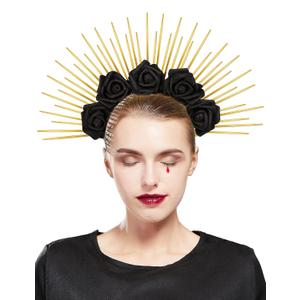 Fantherin Halo Crown with Roses Womens Mexican Flower Goddess Rose Spiked Sun Headpiece for Cosplay Halloween Costume (Black)