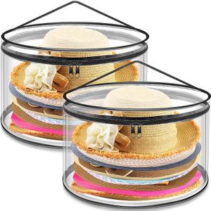 Aliceset 2 Pcs Oversized Clear Hat Boxes Storage Hard Plastic Zipper Case for Women, Holds up to 7 Caps Cowboy Hat Organizer for Closet, Wide Brims Case with Carrying Handles (Black)