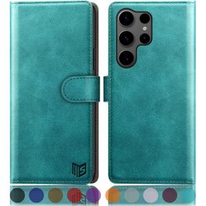 SUANPOT Compatible with Samsung Galaxy S25 Ultra Wallet case with RFID Blocking Credit Card Holder,Flip Book PU Leather Protective Cover Women Men for Samsung S25 Ultra Phone case Blue Green