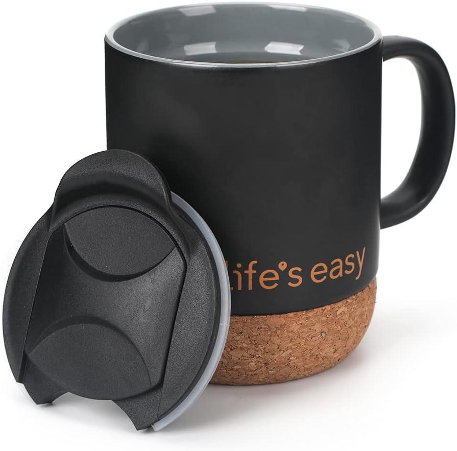 Life's Easy 12 oz Coffee Mug with Insulated Cork Bottom and Push-On Splash-Proof Lid - Black