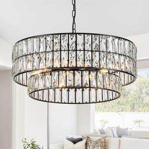 CATINER 24'' Black Crystal Chandeliers Luxury 8-Lights Pendant Chandelier Drum Semi Flush Mount Ceiling Lights for Living Room Dining Room Foyer Bedroom Kitchen