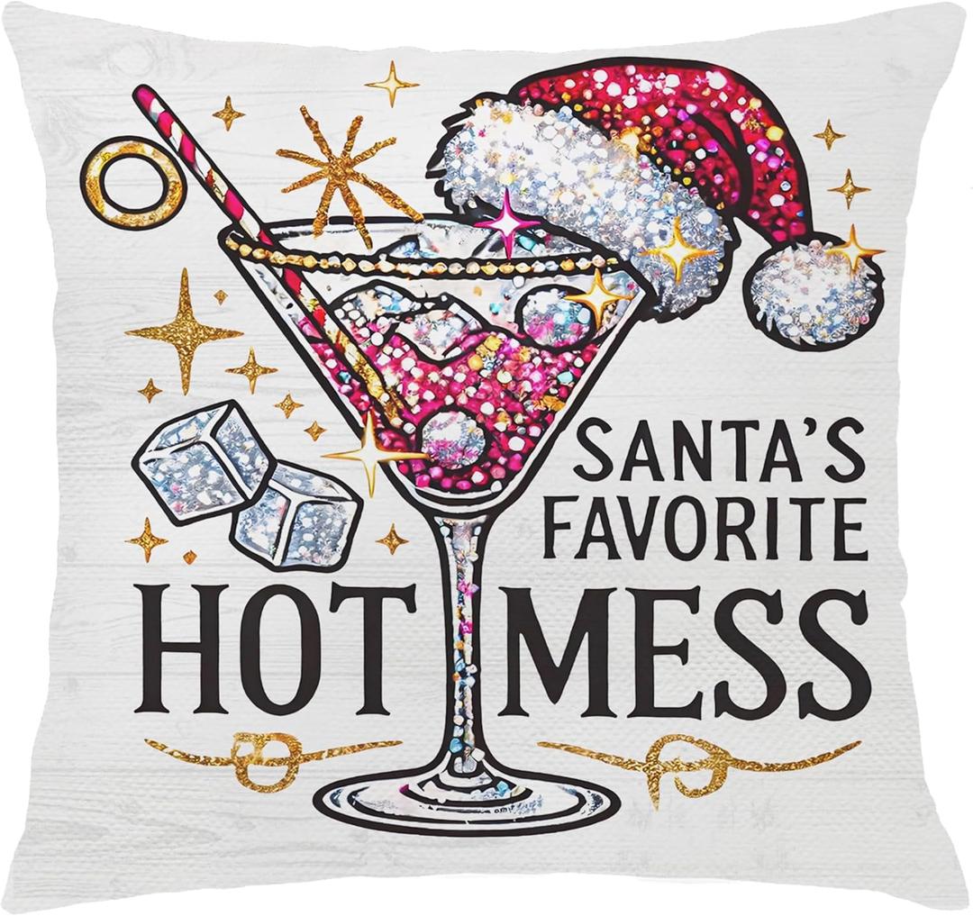 Funny Christmas Martini Bar Decor Pillow Covers 18x18,Santa's Favorite Hot Mess Cocktail Decorative Throw Pillow Covers for Holiday Party Home Bar