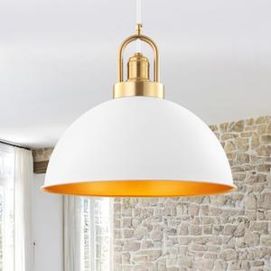 Modern Large Pendant Light 13.8 inch, White Dome Metal Shade with Brass Accent, Minimalist Chandelier for Kitchen Island, Dining Room