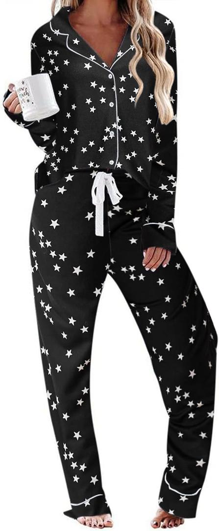 Ekouaer Women's Pajamas Long Sleeve Sleepwear Casual Button Down Loungewear Soft Pjs Set S-XXL (Medium, Black With Stars)