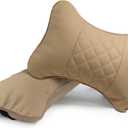 Set of 2 Quilted Faux Leather Car Headrest Pillow, Black Case/Black Threading, Ergonomic Neck Support for Comfortable Driving (Tan Base/Beige Thread)