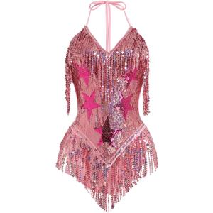 IMEKIS Women Sparkle Stars Fringes Bodysuit Concert Rave Outfit Shiny Music Festivals Halloween Cosplay Alien Costumes (Small, Pink)