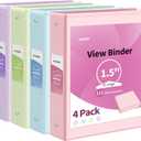 SUNEE 1.5 Inch Binders 3 Ring 4 Pack, Clear View 1 1/2 Inch Binders Three Ring PVC-Free (Fit 8.5x11 Inches) for School or Office Supplies, Assorted Pastel
