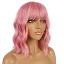 Short Bob Wigs with Bangs for Women Loose Wavy Wig Curly Wavy Shoulder Length Bob Synthetic Cosplay Wig for Girl Colorful Costume Wigs (Lovely Pink)