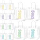 Kolldenn 12 Pcs Easter Clear PVC Gift Bags with Handle Cute Bunny Transparent Goodie Bag Reusable Treat Holder for Easter Party Supplies Decorations, 6.31" x 5.91" x 3.15"